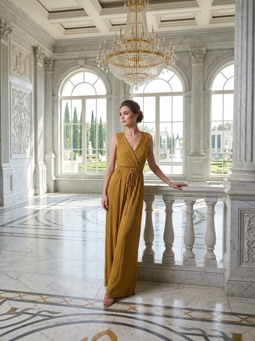 Sleeveless Mustard & Gold Thread Sparkling Wrap Maxi Jumpsuit with Tie Waist